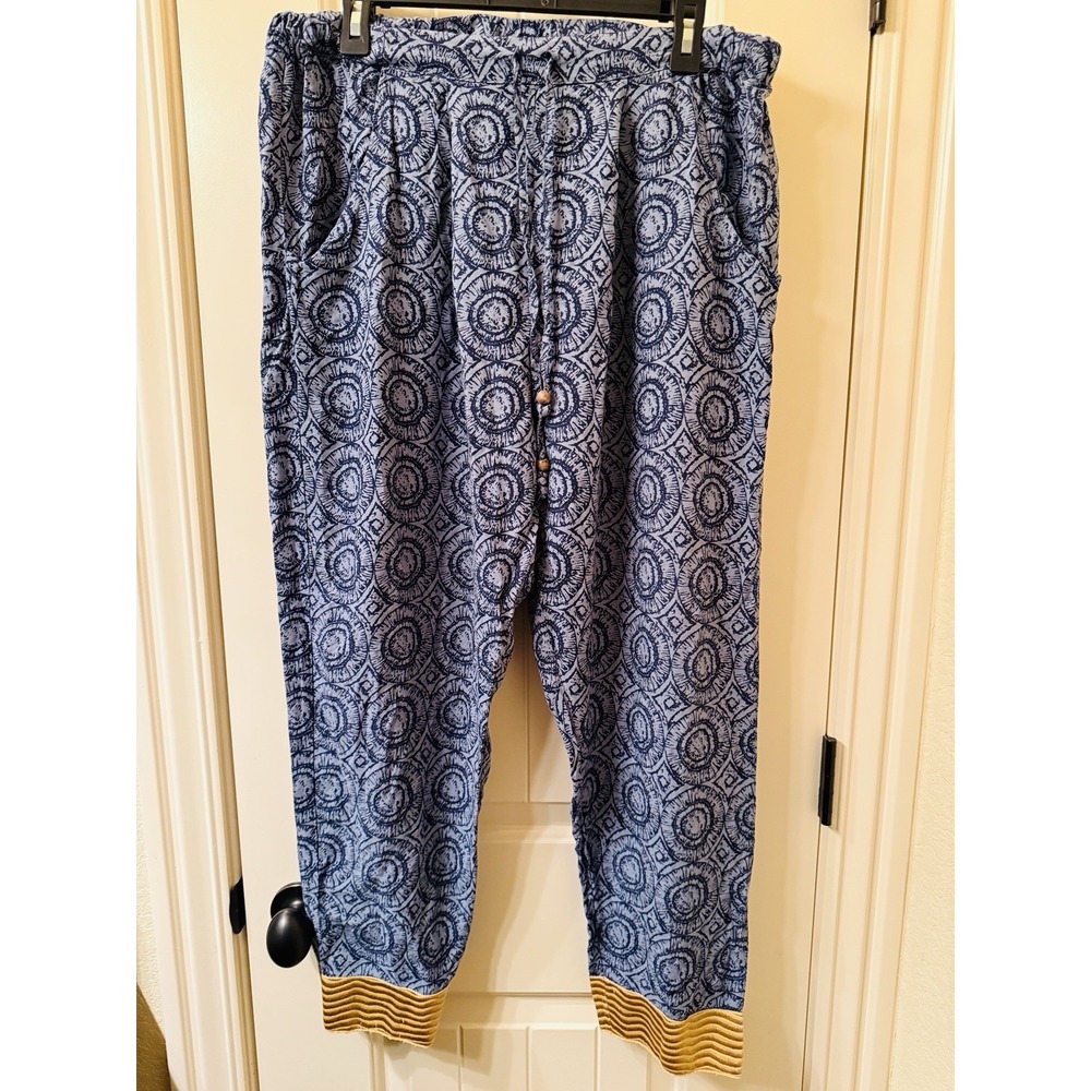 Sudara Punjammies XL Slouch Pants Blue Gold Kala Print Boho Harem Lounge Pockets